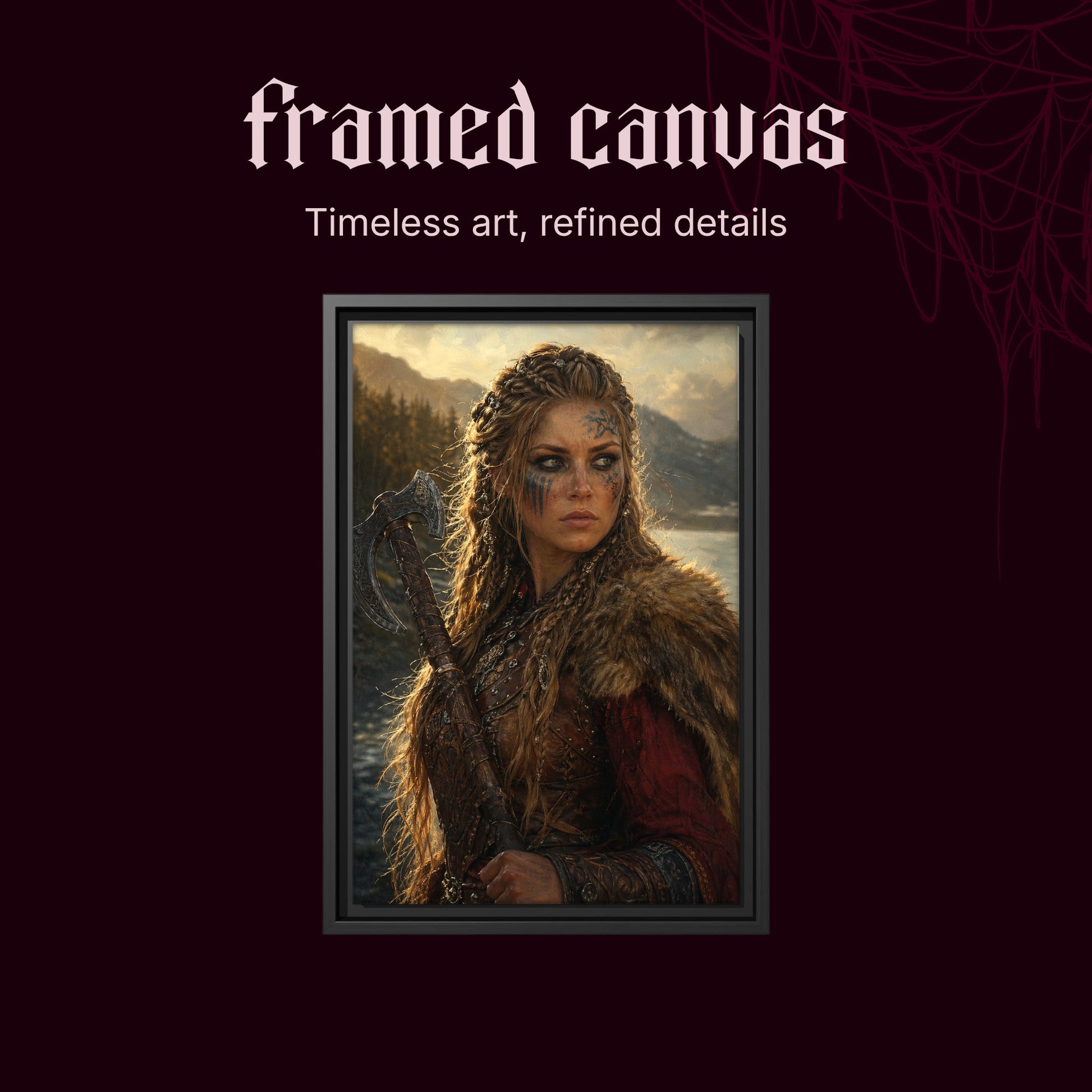 Shieldmaiden shown as a black framed canvas on a deep red background beneath the heading Framed Canvas — Timeless art, refined details.