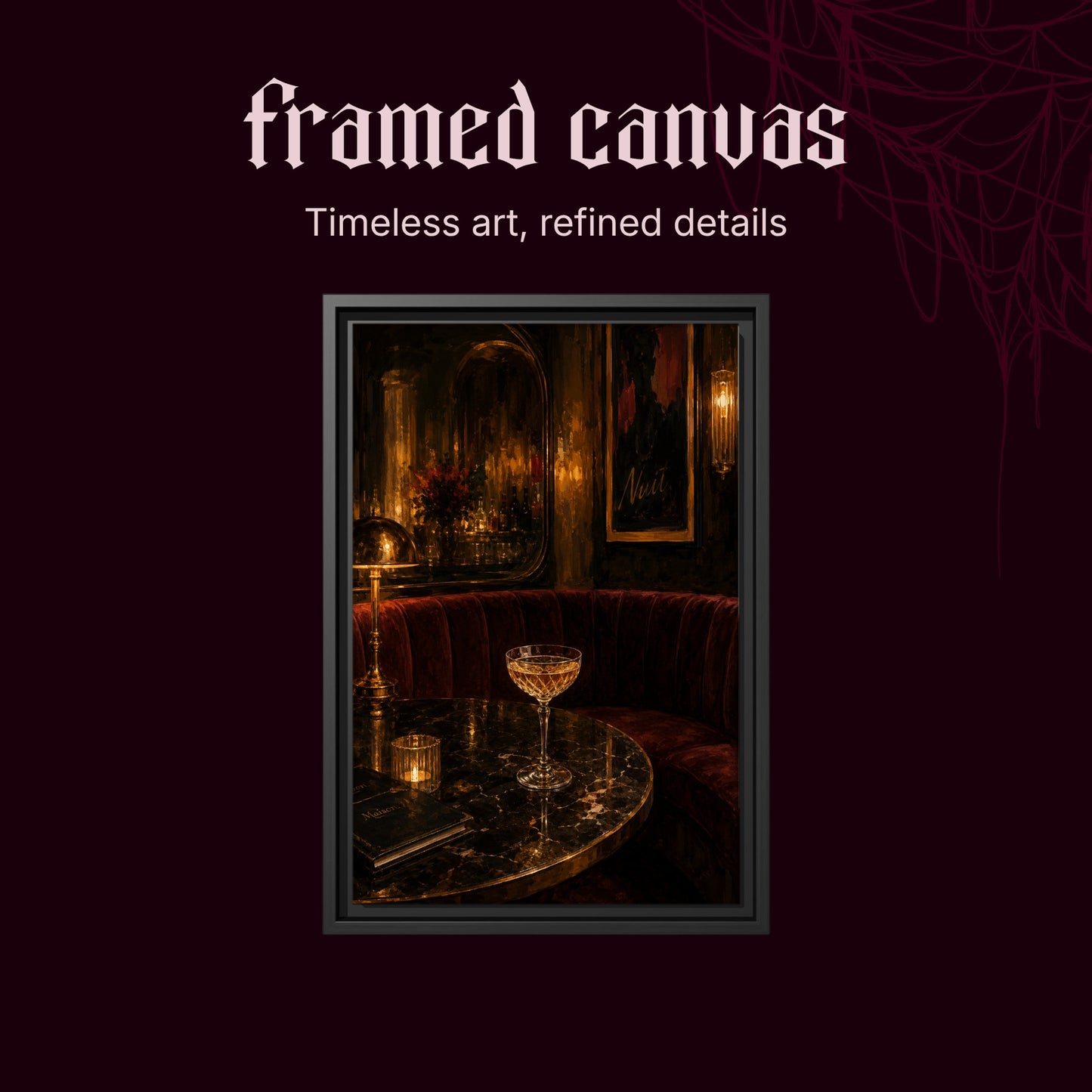 Nuit shown as a black framed canvas on a deep red background beneath the heading Framed Canvas — Timeless art, refined details.