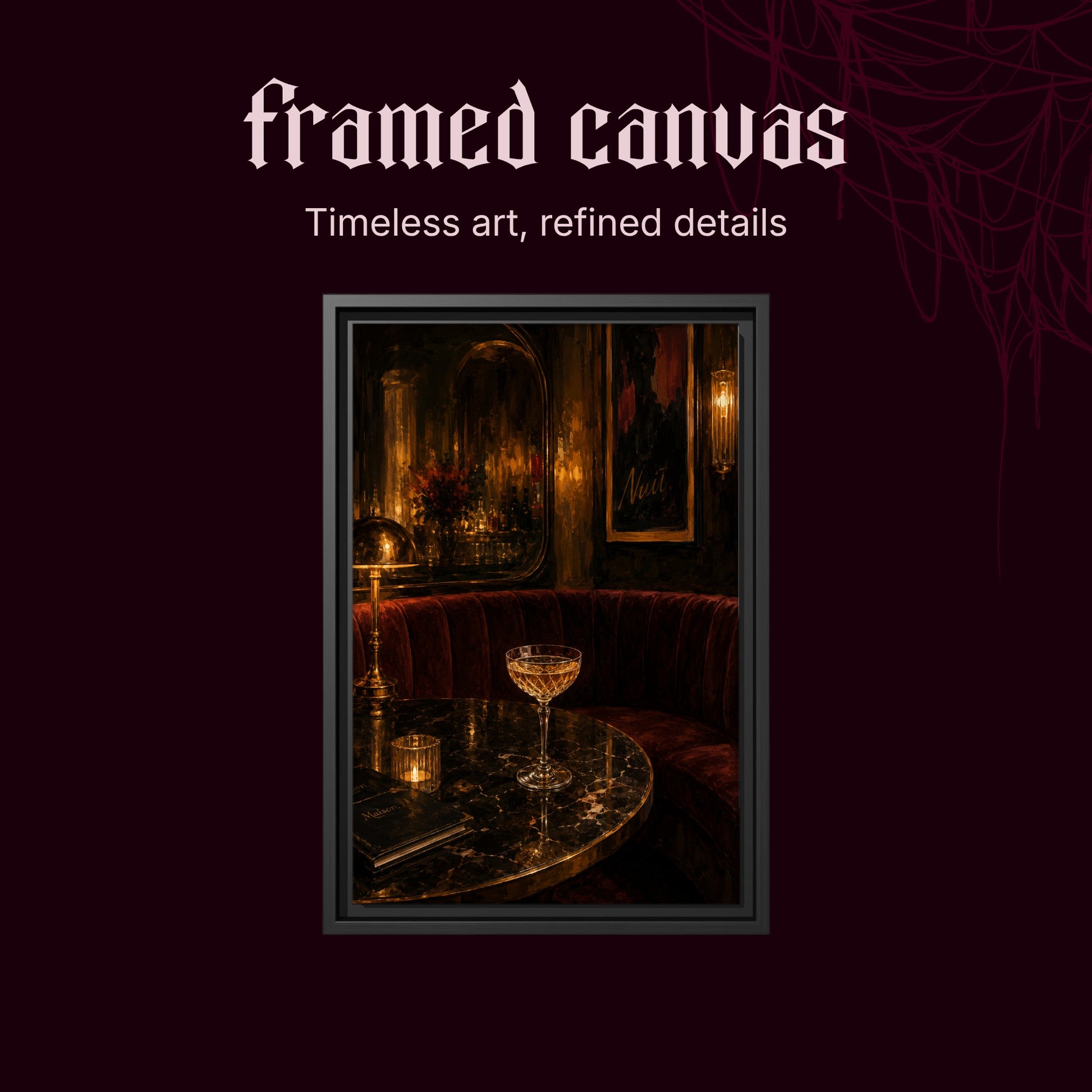 Nuit shown as a black framed canvas on a deep red background beneath the heading Framed Canvas — Timeless art, refined details.