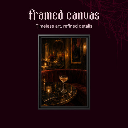 Nuit shown as a black framed canvas on a deep red background beneath the heading Framed Canvas — Timeless art, refined details.