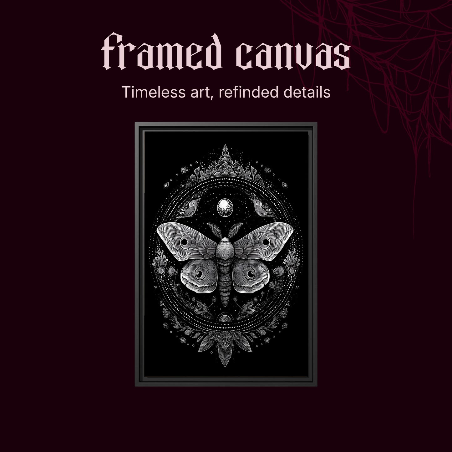 Vespers shown as a black framed canvas on a deep red background beneath the heading Framed Canvas — Timeless art, refined details.