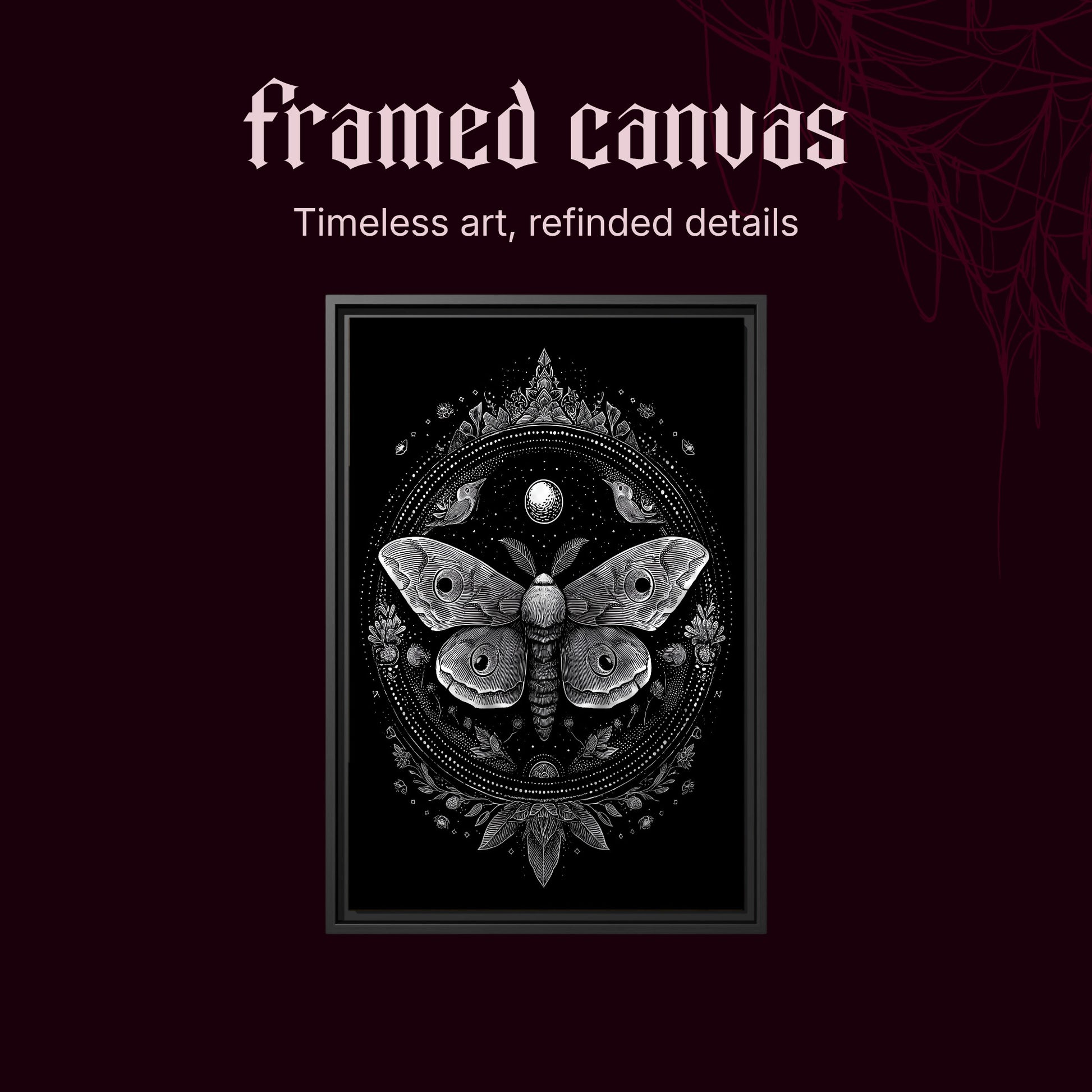 Vespers shown as a black framed canvas on a deep red background beneath the heading Framed Canvas — Timeless art, refined details.