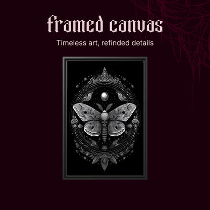 Vespers shown as a black framed canvas on a deep red background beneath the heading Framed Canvas — Timeless art, refined details.