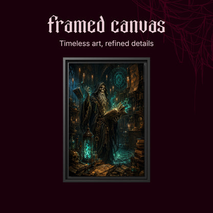 The Hollow Archivist shown as a black framed canvas on a deep red background beneath the heading Framed Canvas — Timeless art, refined details.