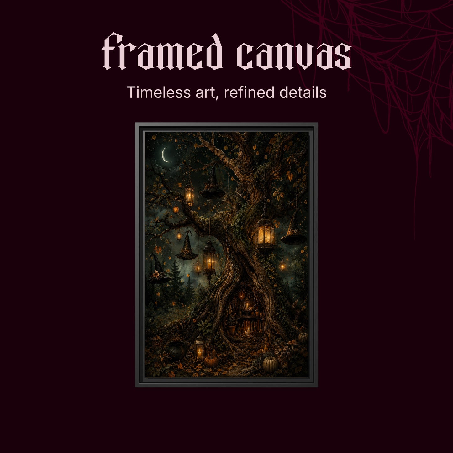 Ember Hollow shown as a black framed canvas on a deep red background beneath the heading Framed Canvas — Timeless art, refined details.
