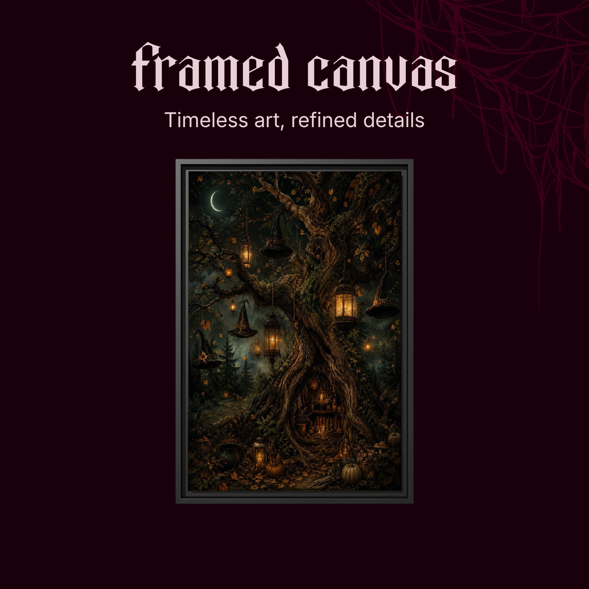 Ember Hollow shown as a black framed canvas on a deep red background beneath the heading Framed Canvas — Timeless art, refined details.