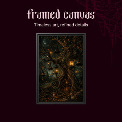 Ember Hollow shown as a black framed canvas on a deep red background beneath the heading Framed Canvas — Timeless art, refined details.