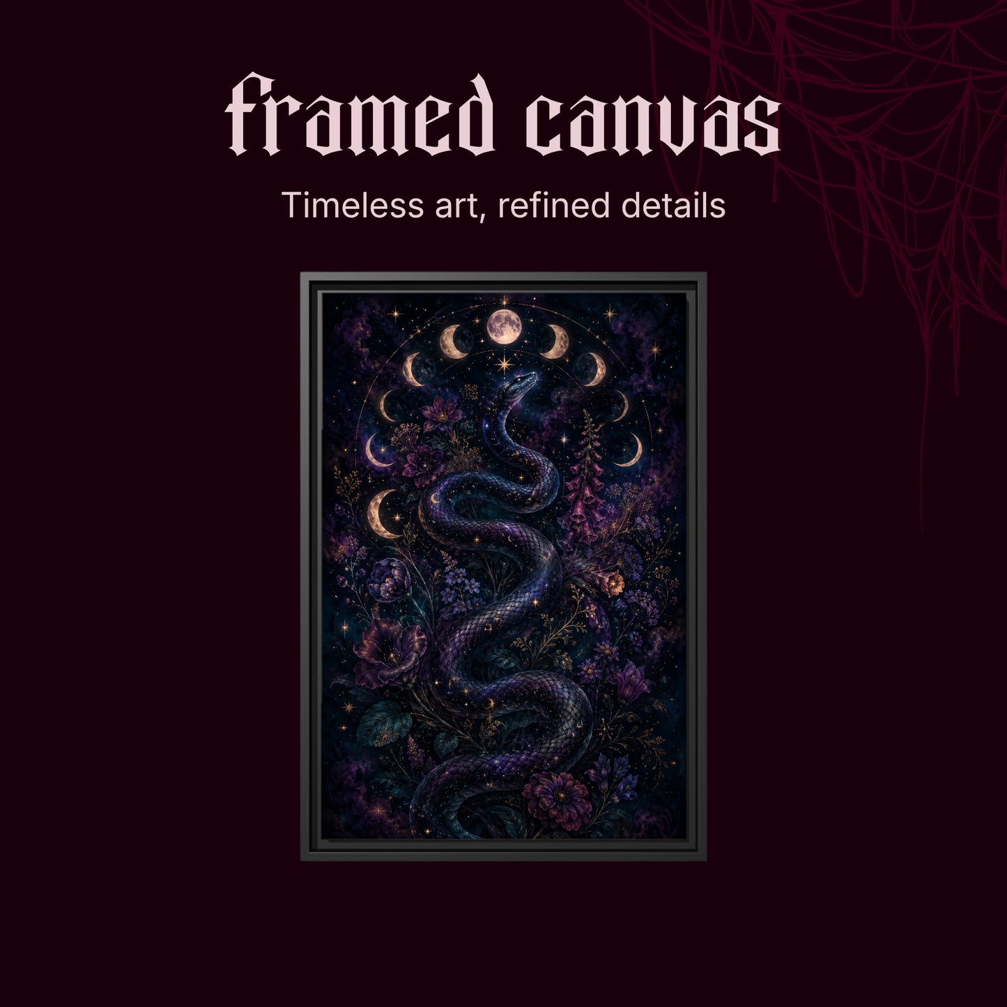 Celestial Serpent shown as a black framed canvas on a deep red background beneath the heading Framed Canvas — Timeless art, refined details.