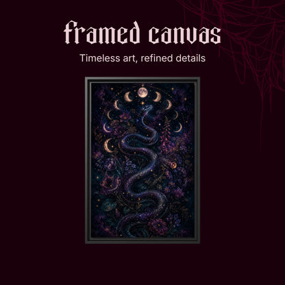 Celestial Serpent shown as a black framed canvas on a deep red background beneath the heading Framed Canvas — Timeless art, refined details.