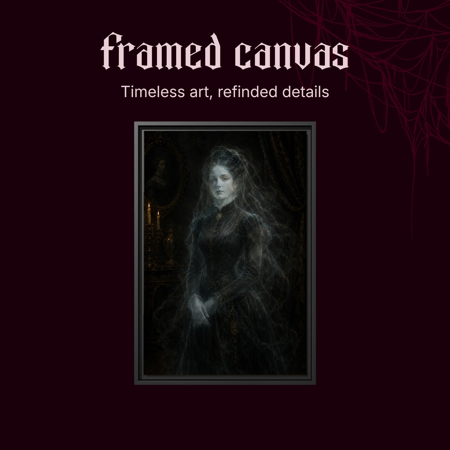The Grey Lady shown as a black framed canvas on a deep red background beneath the heading Framed Canvas — Timeless art, refined details.