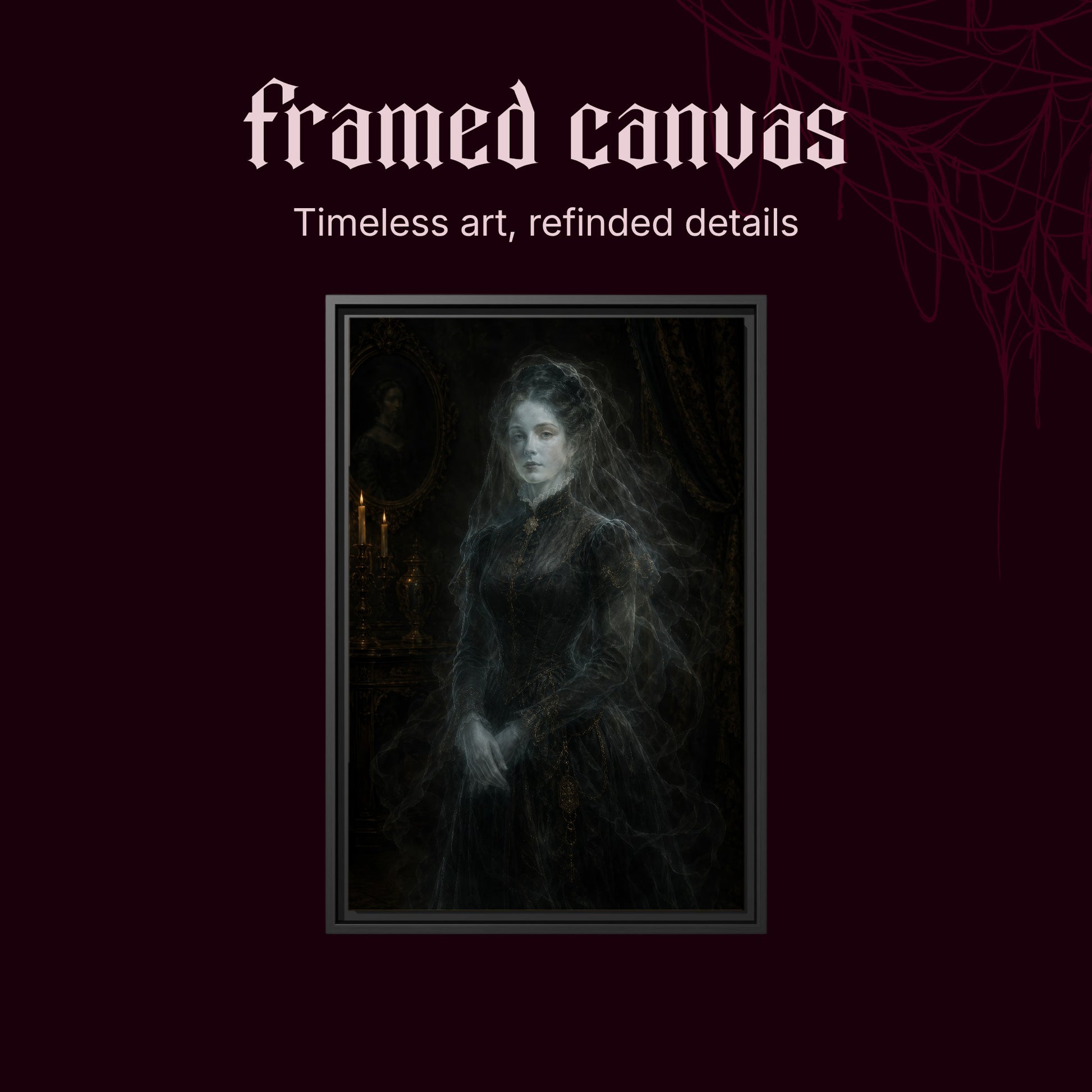 The Grey Lady shown as a black framed canvas on a deep red background beneath the heading Framed Canvas — Timeless art, refined details.
