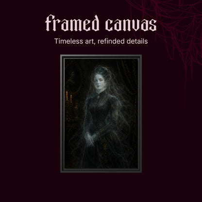 The Grey Lady shown as a black framed canvas on a deep red background beneath the heading Framed Canvas — Timeless art, refined details.