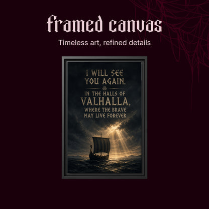 Valhalla Awaits shown as a black framed canvas on a deep red background beneath the heading Framed Canvas — Timeless art, refined details.