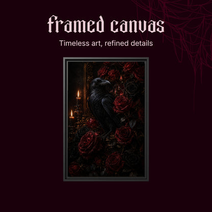 Lenore shown as a black framed canvas on a deep red background beneath the heading Framed Canvas — Timeless art, refined details.