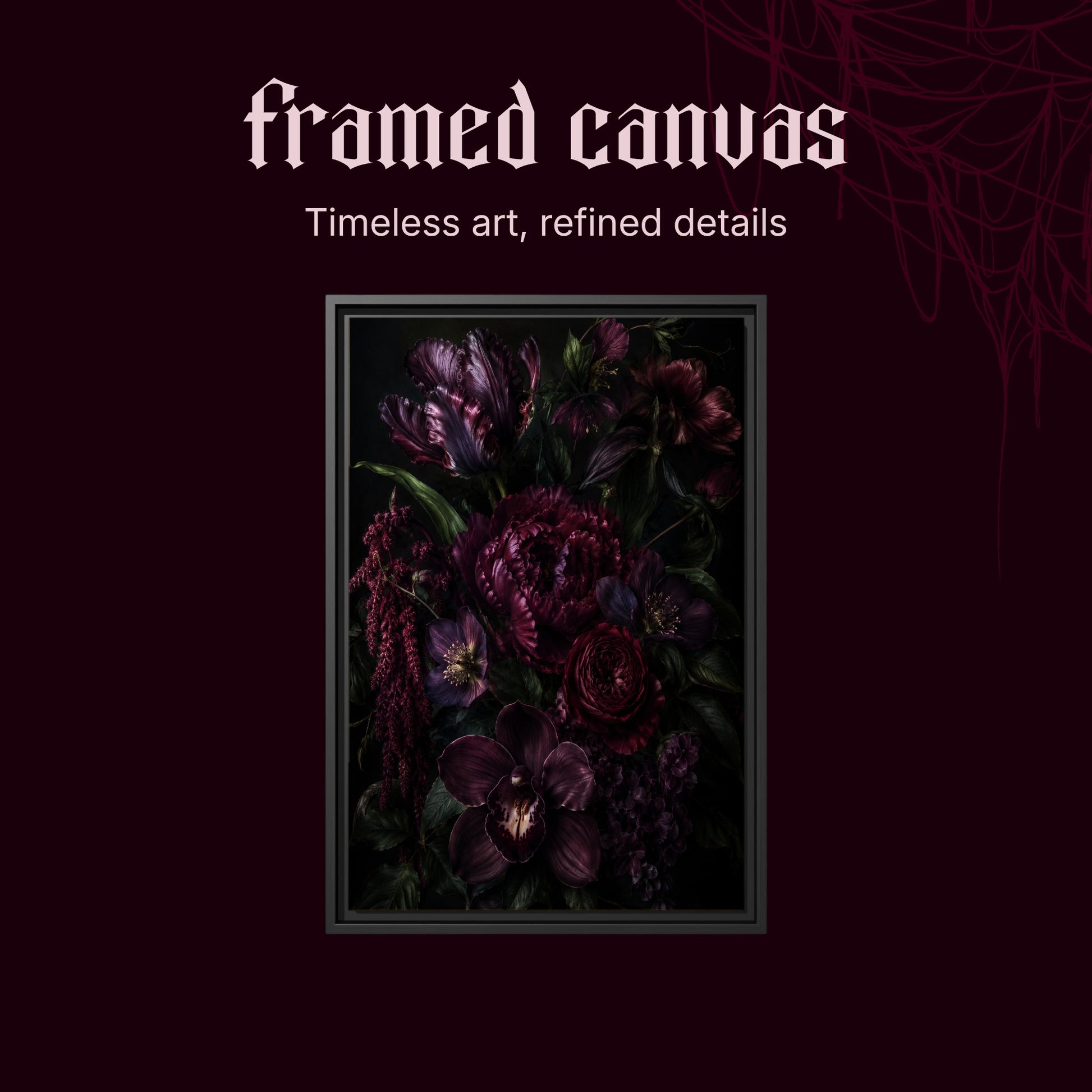 Umbra shown as a black framed canvas on a deep red background beneath the heading Framed Canvas — Timeless art, refined details.