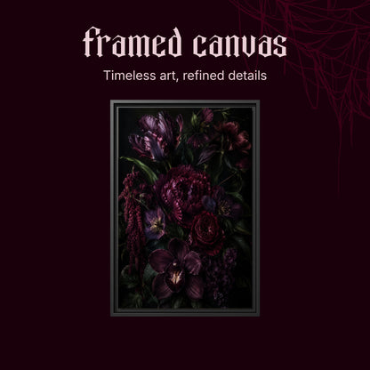 Umbra shown as a black framed canvas on a deep red background beneath the heading Framed Canvas — Timeless art, refined details.