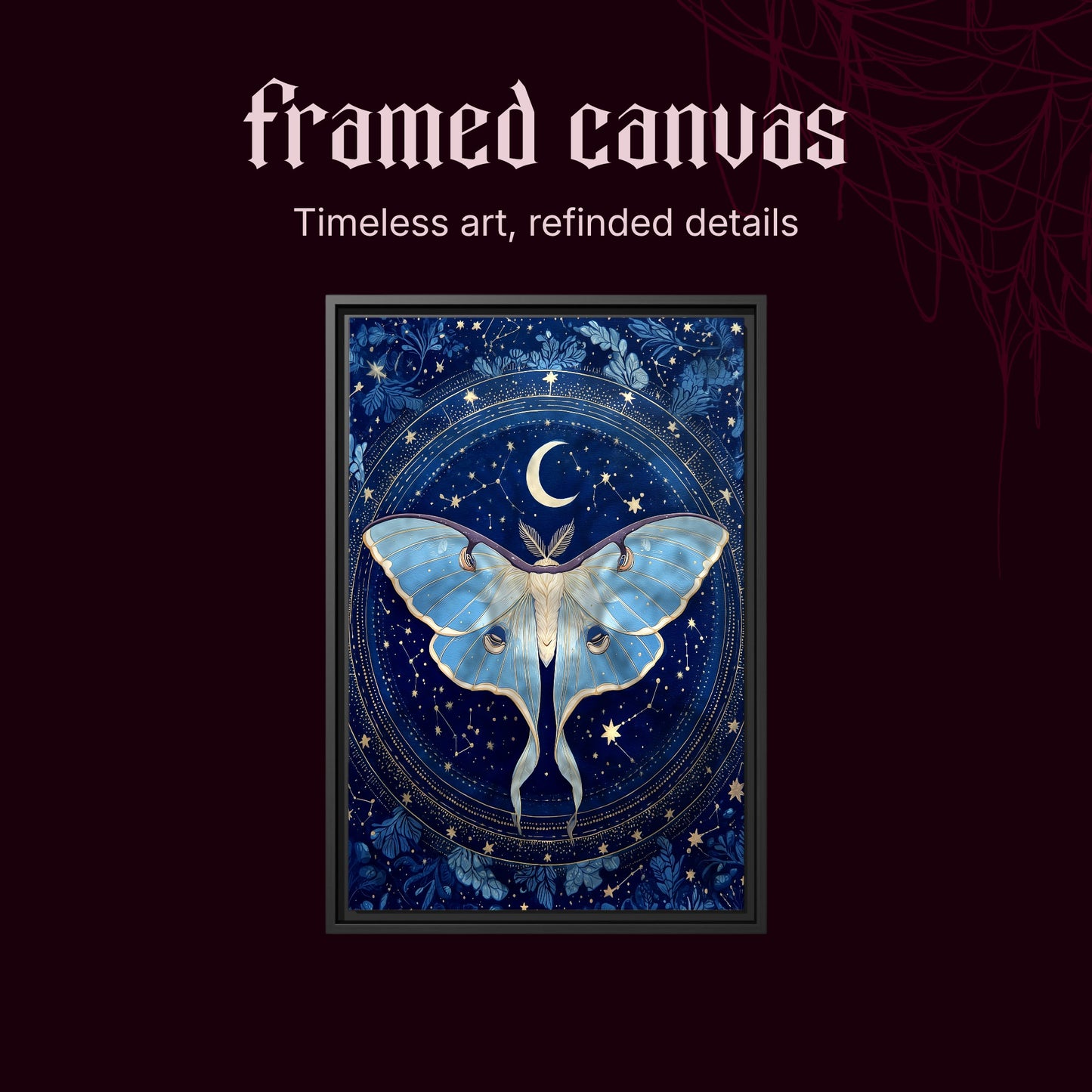 The Blue Hour shown as a black framed canvas on a deep red background beneath the heading Framed Canvas — Timeless art, refined details.