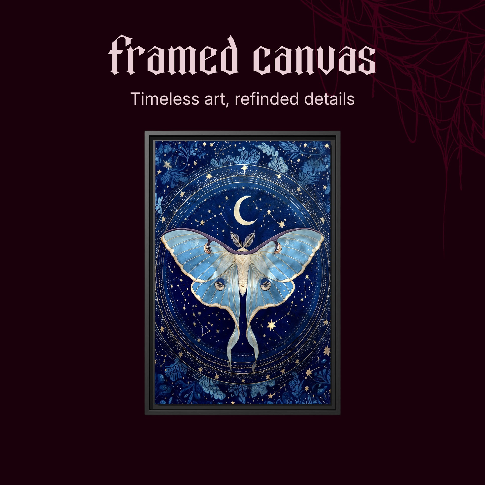 The Blue Hour shown as a black framed canvas on a deep red background beneath the heading Framed Canvas — Timeless art, refined details.