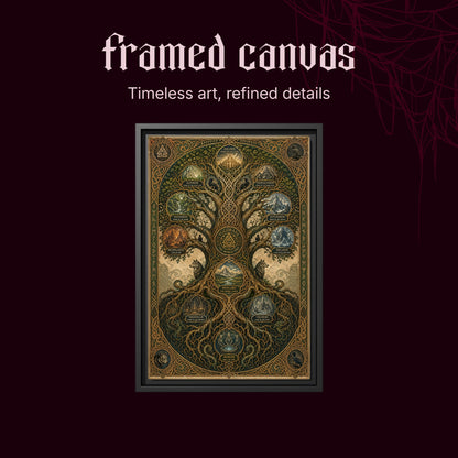 The Nine Realms shown as a black framed canvas on a deep red background beneath the heading Framed Canvas — Timeless art, refined details.