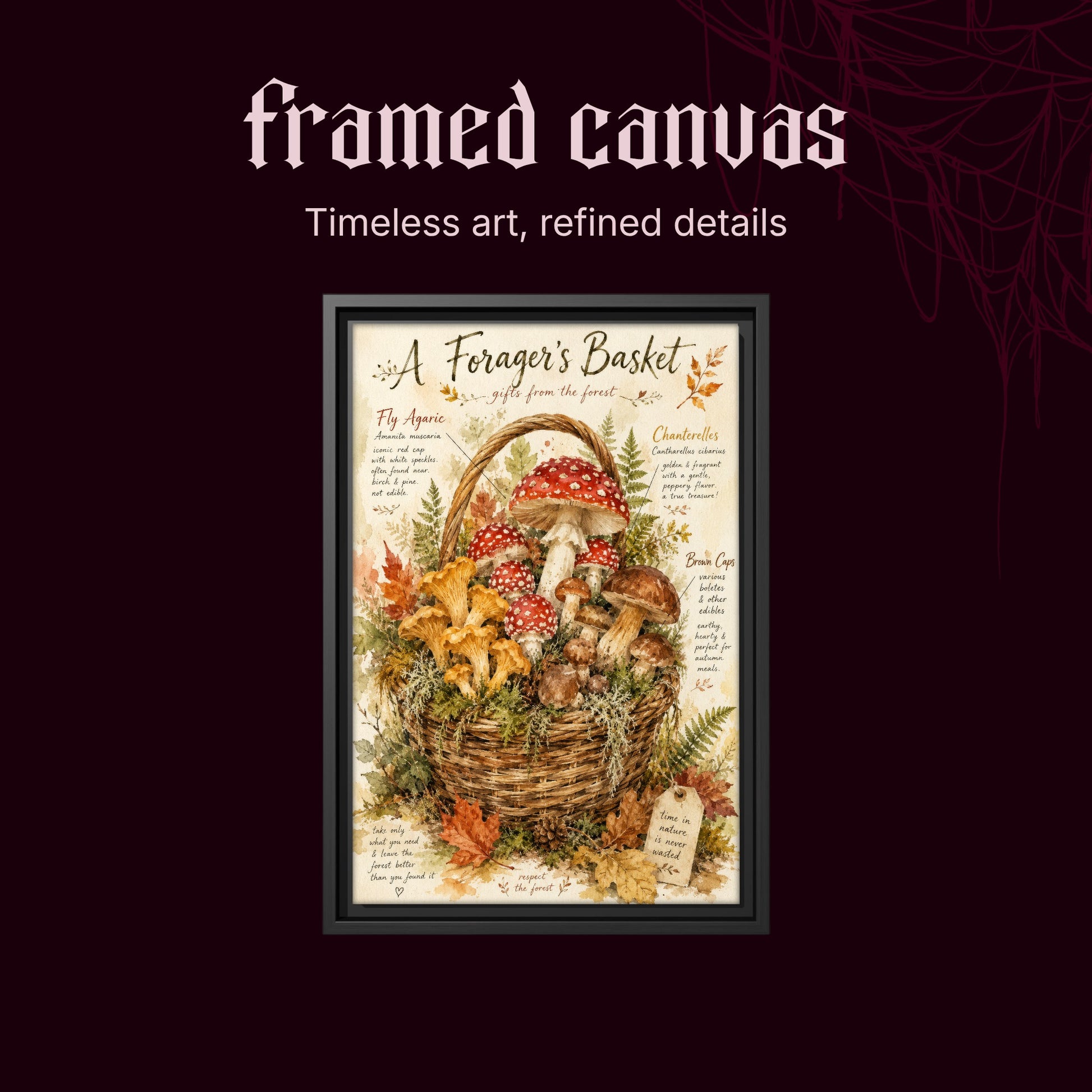 A Forager's Basket shown as a black framed portrait canvas on a deep red background beneath the heading Framed Canvas — Timeless art, refined details.