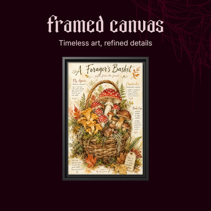 A Forager's Basket shown as a black framed portrait canvas on a deep red background beneath the heading Framed Canvas — Timeless art, refined details.