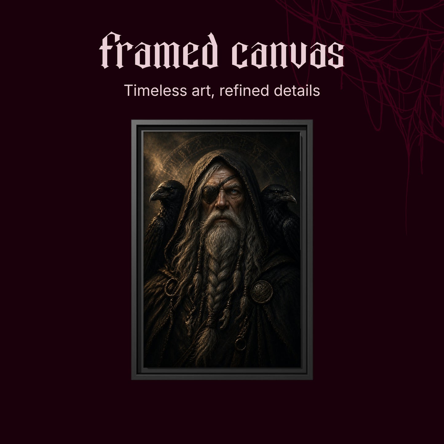 The Allfather shown as a black framed canvas on a deep red background beneath the heading Framed Canvas — Timeless art, refined details.
