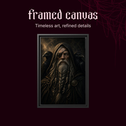 The Allfather shown as a black framed canvas on a deep red background beneath the heading Framed Canvas — Timeless art, refined details.