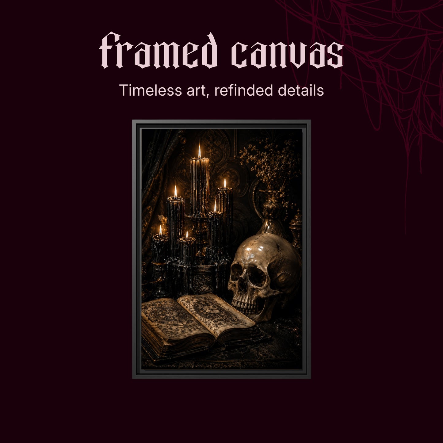 The Black Hours shown as a black framed canvas on a deep red background beneath the heading Framed Canvas — Timeless art, refined details.