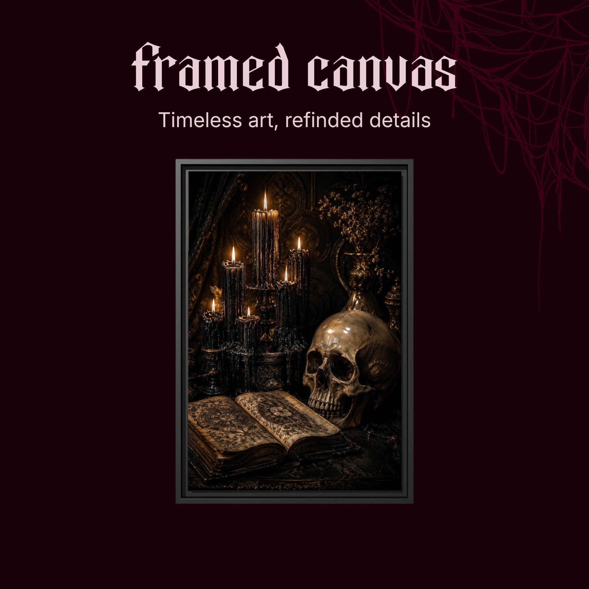 The Black Hours shown as a black framed canvas on a deep red background beneath the heading Framed Canvas — Timeless art, refined details.