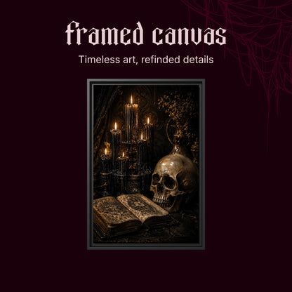 The Black Hours shown as a black framed canvas on a deep red background beneath the heading Framed Canvas — Timeless art, refined details.