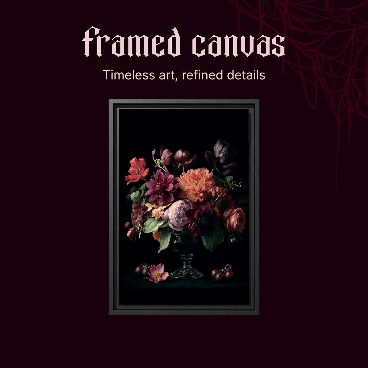 Tazza shown as a black framed canvas on a deep red background beneath the heading Framed Canvas — Timeless art, refined details.
