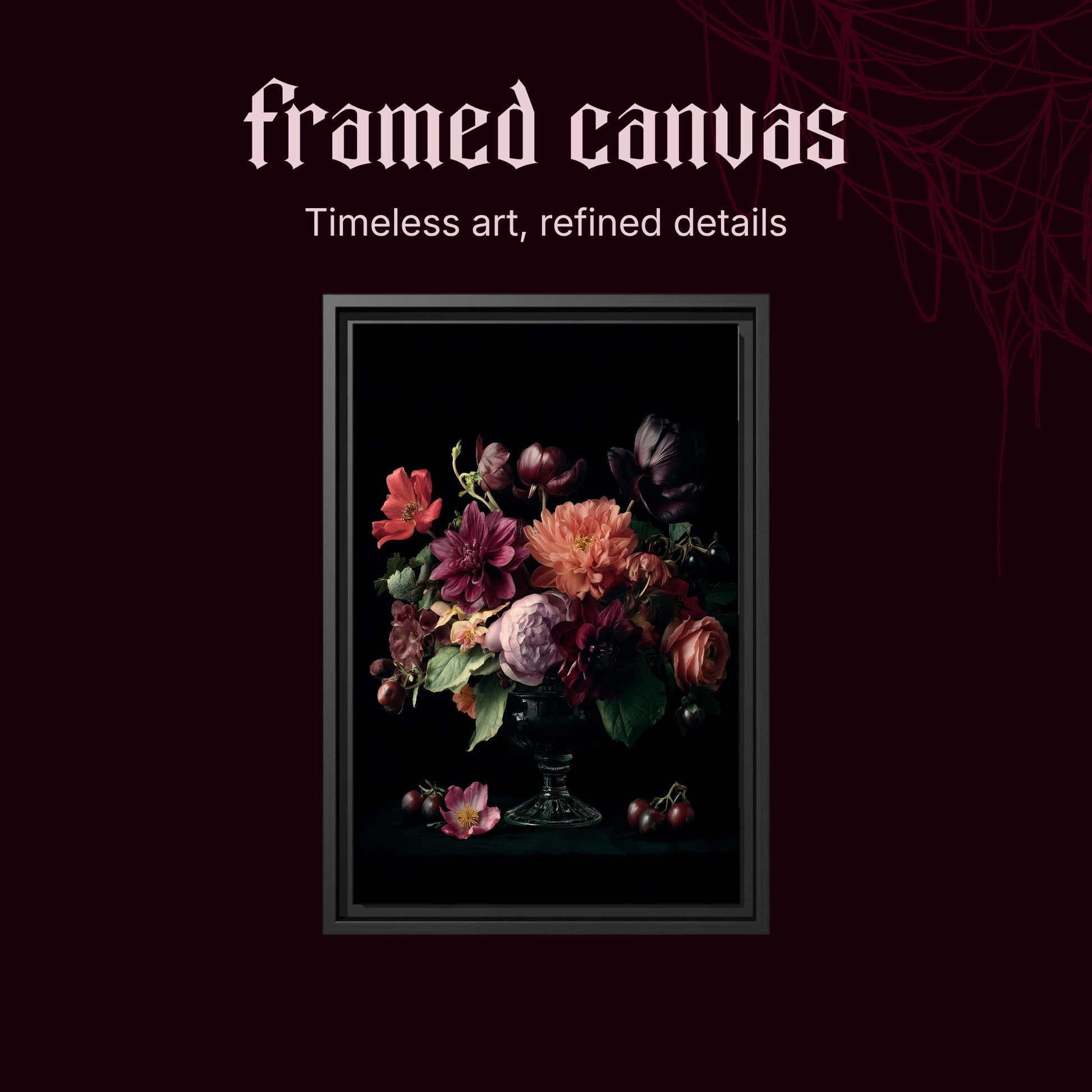 Tazza shown as a black framed canvas on a deep red background beneath the heading Framed Canvas — Timeless art, refined details.