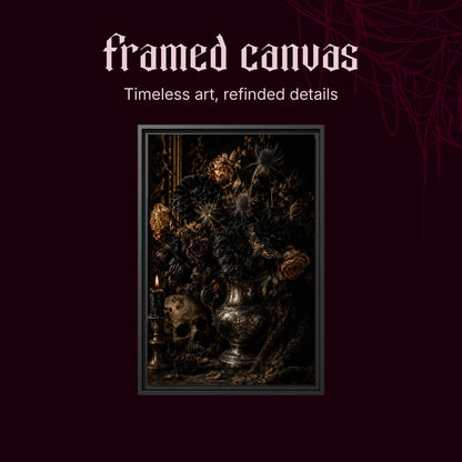 Threnody shown as a black framed canvas on a deep red background beneath the heading Framed Canvas — Timeless art, refined details.
