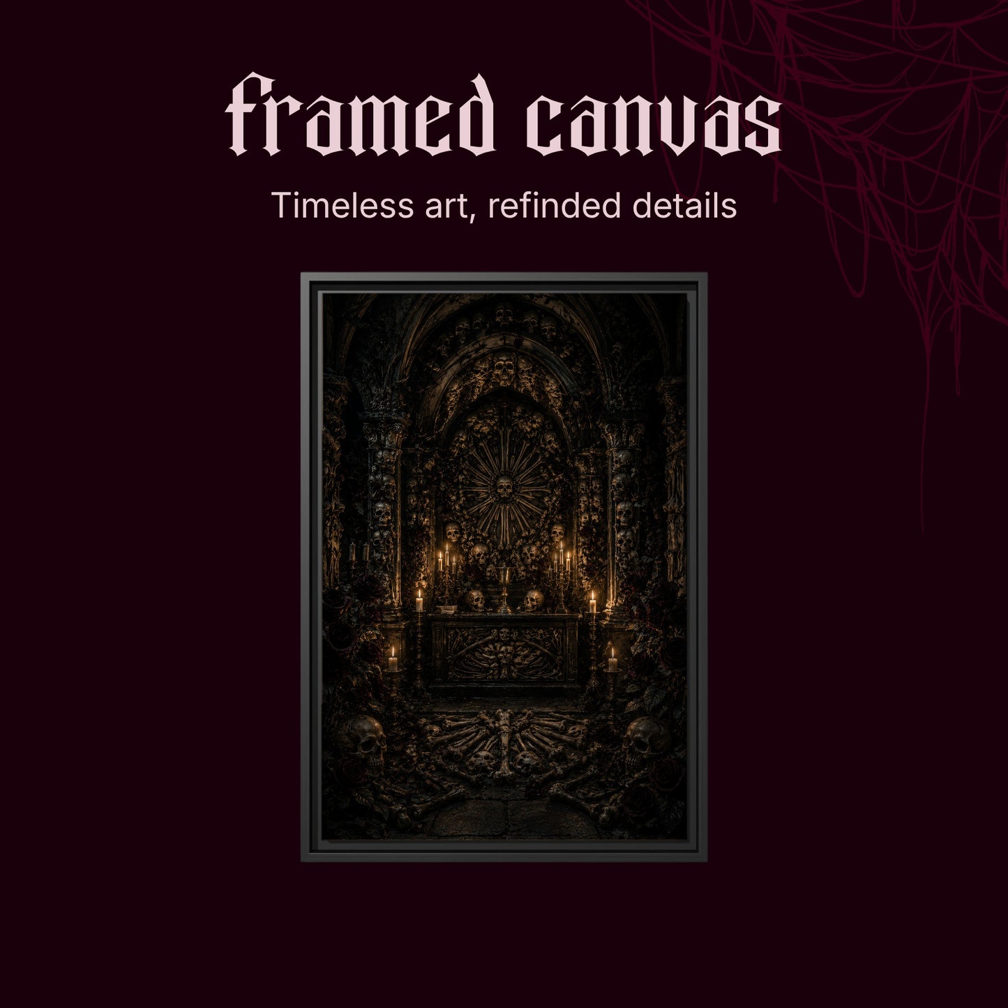 Charnel shown as a black framed canvas on a deep red background beneath the heading Framed Canvas — Timeless art, refined details.