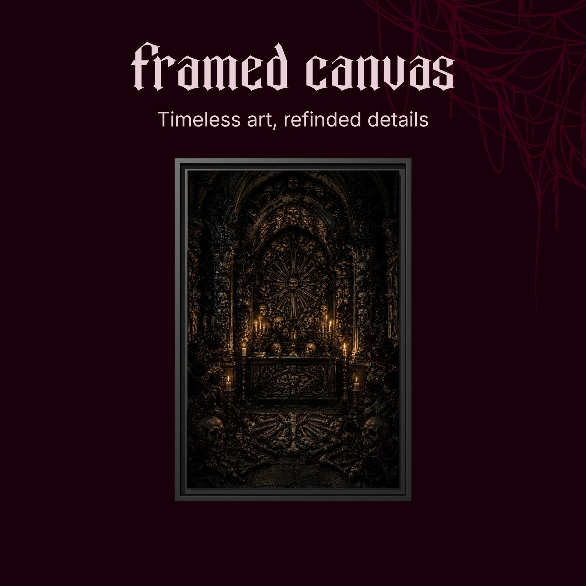 Charnel shown as a black framed canvas on a deep red background beneath the heading Framed Canvas — Timeless art, refined details.