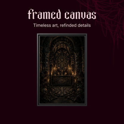 Charnel shown as a black framed canvas on a deep red background beneath the heading Framed Canvas — Timeless art, refined details.