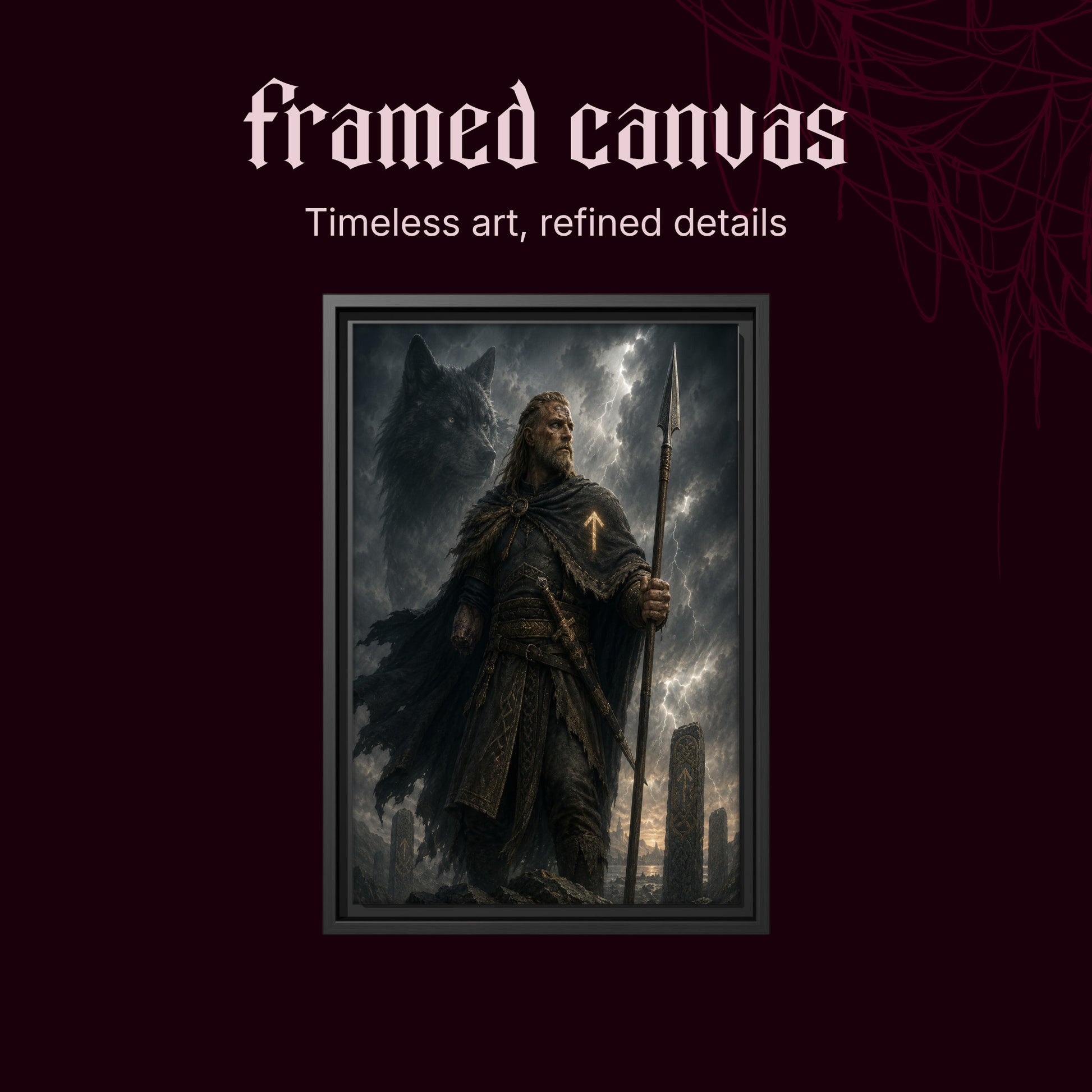 Tyr shown as a black framed canvas on a deep red background beneath the heading Framed Canvas — Timeless art, refined details.