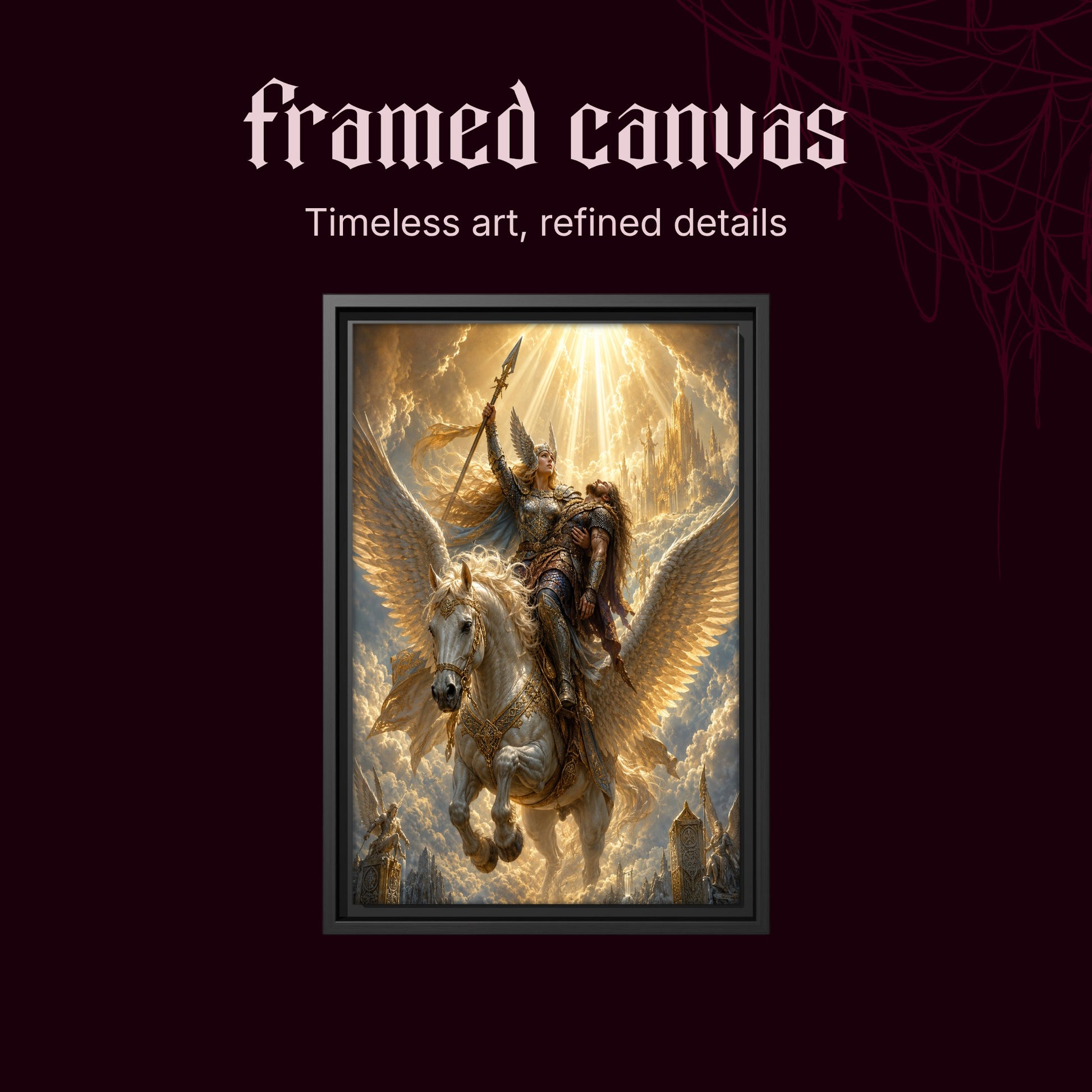 Valkyrie shown as a black framed canvas on a deep red background beneath the heading Framed Canvas — Timeless art, refined details.