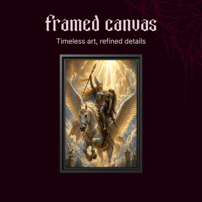 Valkyrie shown as a black framed canvas on a deep red background beneath the heading Framed Canvas — Timeless art, refined details.