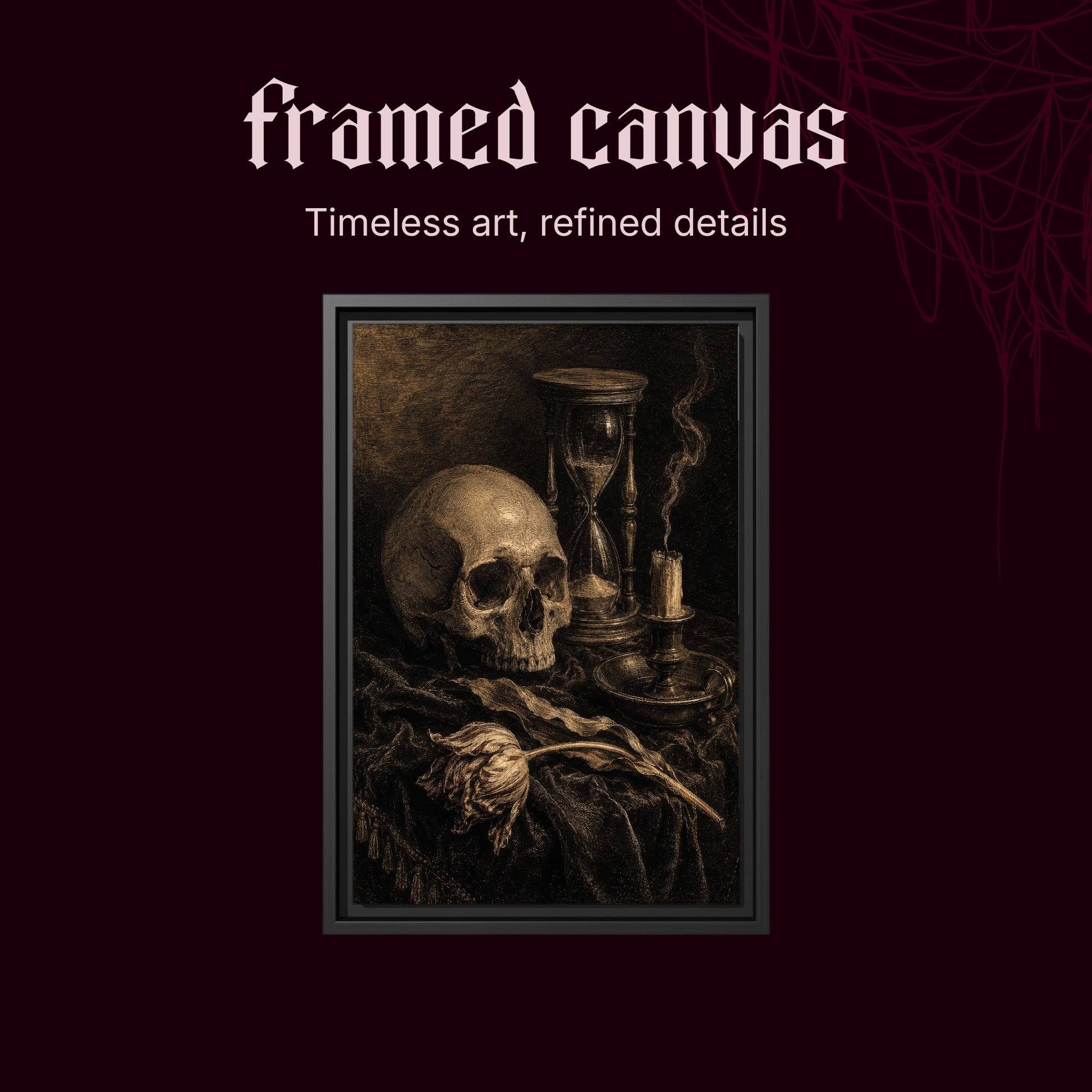 Compline shown as a black framed canvas on a deep red background beneath the heading Framed Canvas — Timeless art, refined details.
