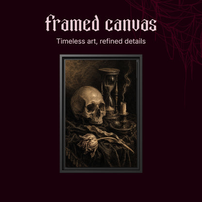 Compline shown as a black framed canvas on a deep red background beneath the heading Framed Canvas — Timeless art, refined details.
