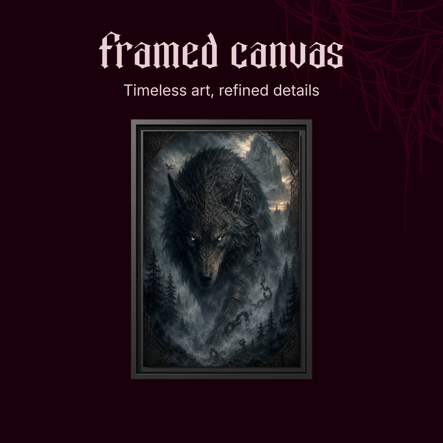 Vanagandr shown as a black framed canvas on a deep red background beneath the heading Framed Canvas — Timeless art, refined details.