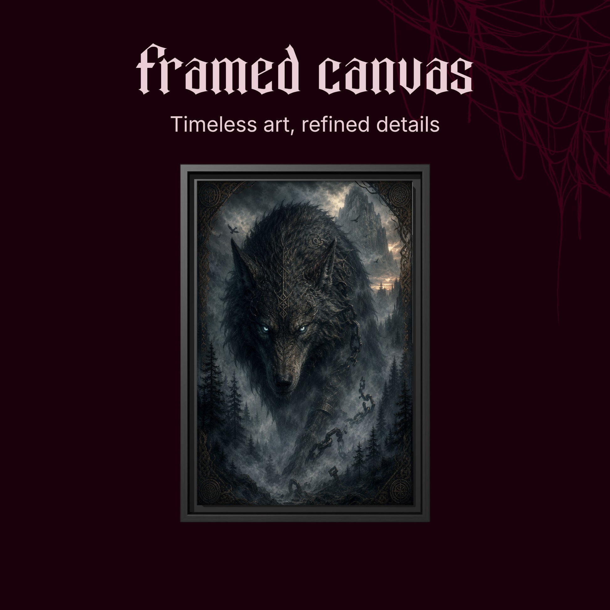 Vanagandr shown as a black framed canvas on a deep red background beneath the heading Framed Canvas — Timeless art, refined details.