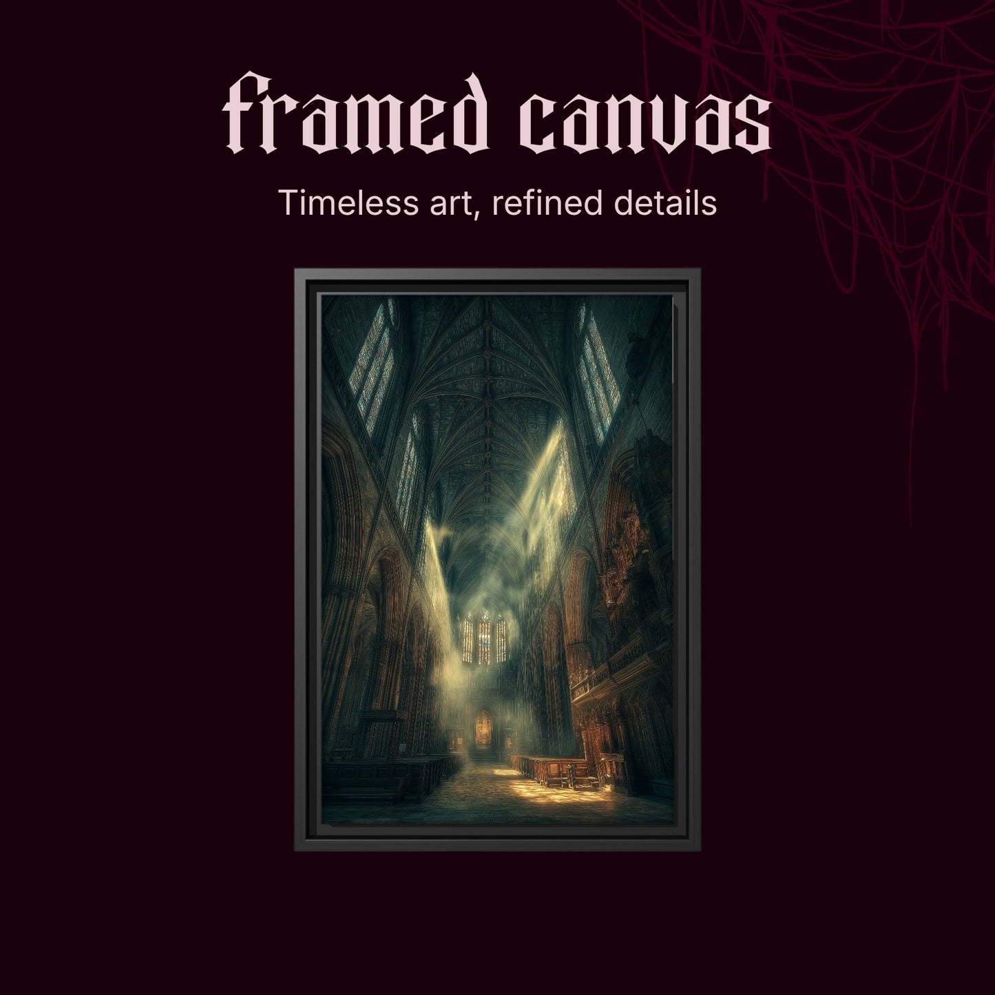 Compline shown as a black framed canvas on a deep red background beneath the heading Framed Canvas — Timeless art, refined details.