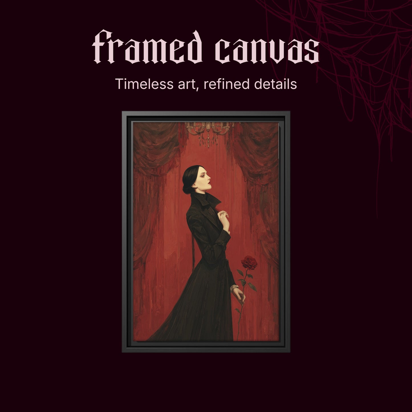 The Countess shown as a black framed canvas on a deep red background beneath the heading Framed Canvas — Timeless art, refined details.