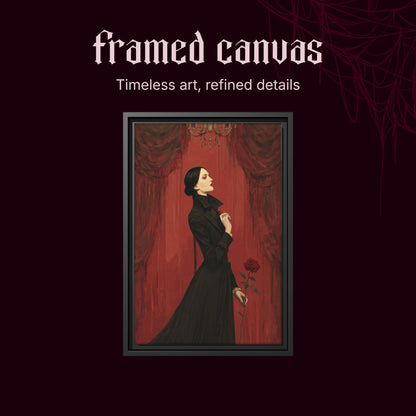 The Countess shown as a black framed canvas on a deep red background beneath the heading Framed Canvas — Timeless art, refined details.
