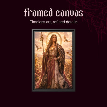 Freya shown as a black framed canvas on a deep red background beneath the heading Framed Canvas — Timeless art, refined details.