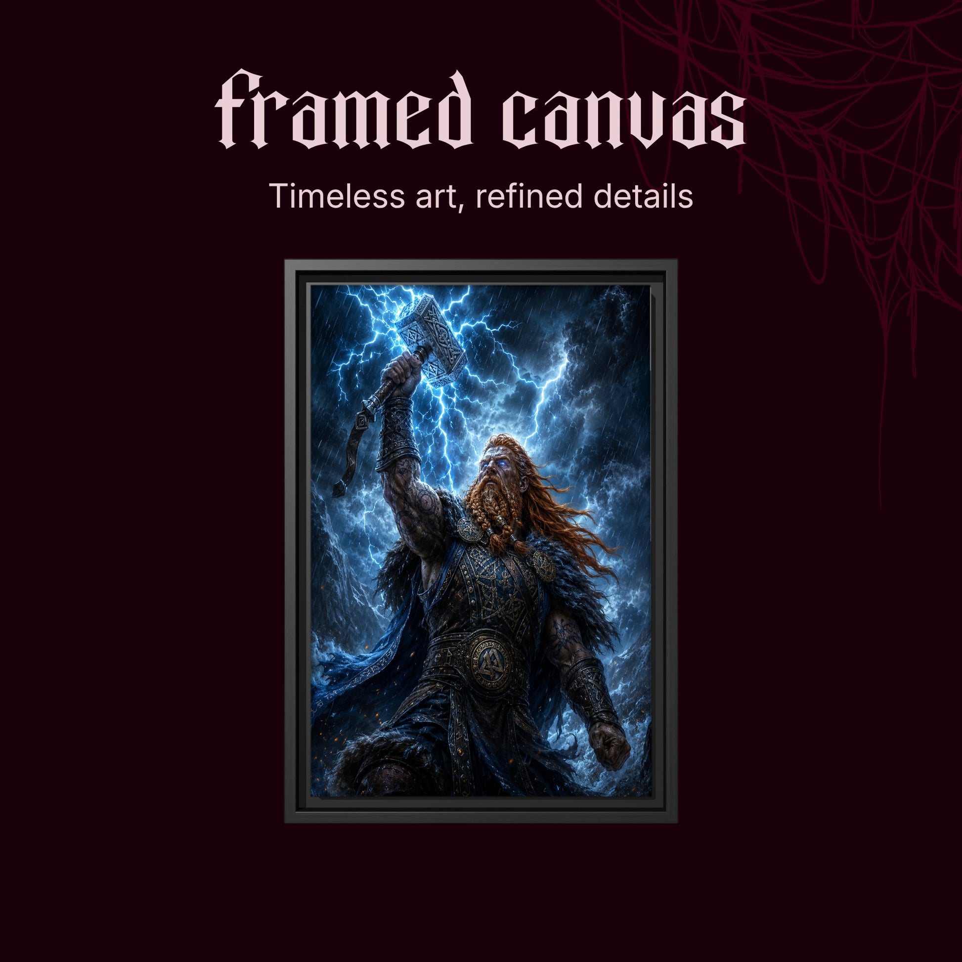 Mjölnir shown as a black framed canvas on a deep red background beneath the heading Framed Canvas — Timeless art, refined details.