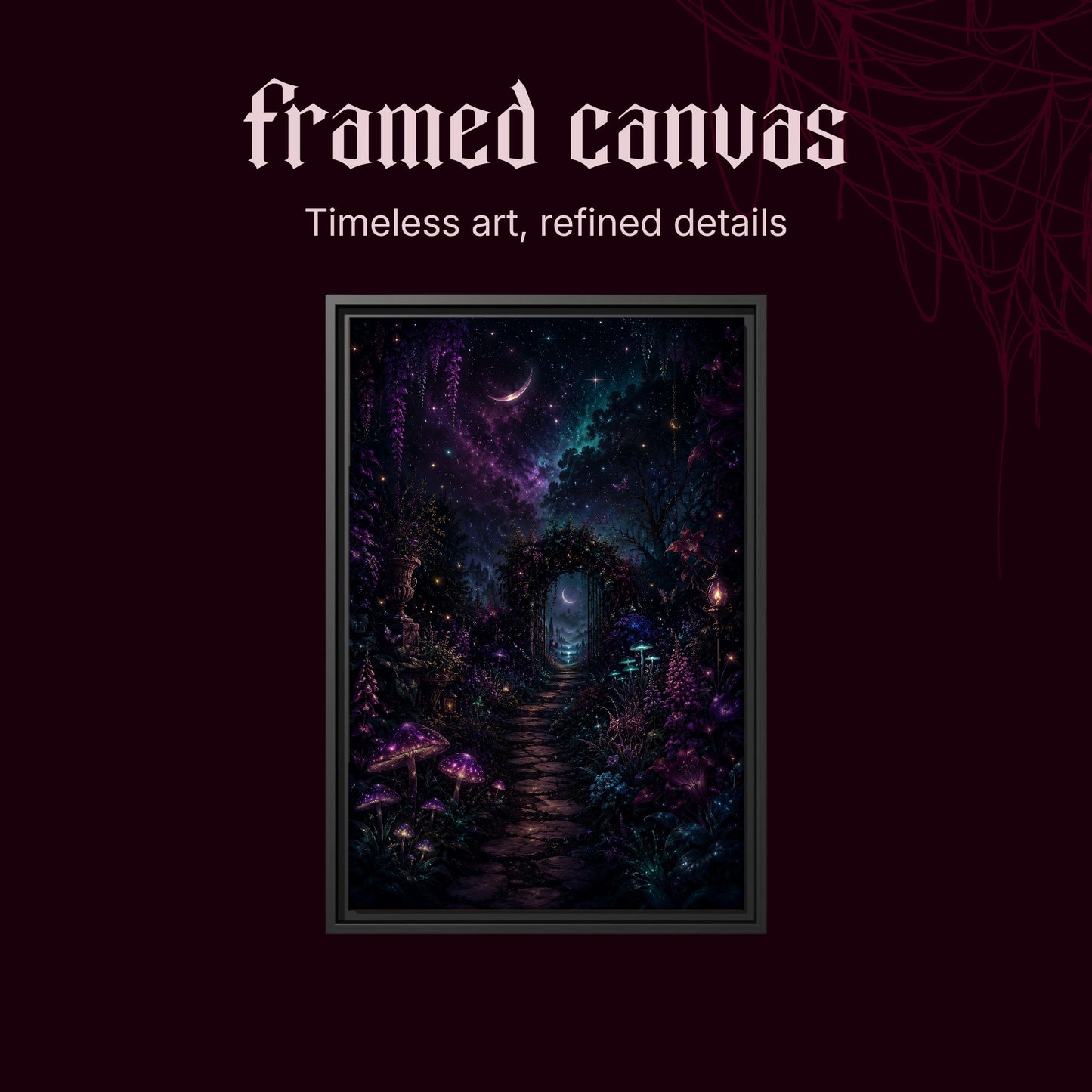 The Midnight Garden shown as a black framed canvas on a deep red background beneath the heading Framed Canvas — Timeless art, refined details.