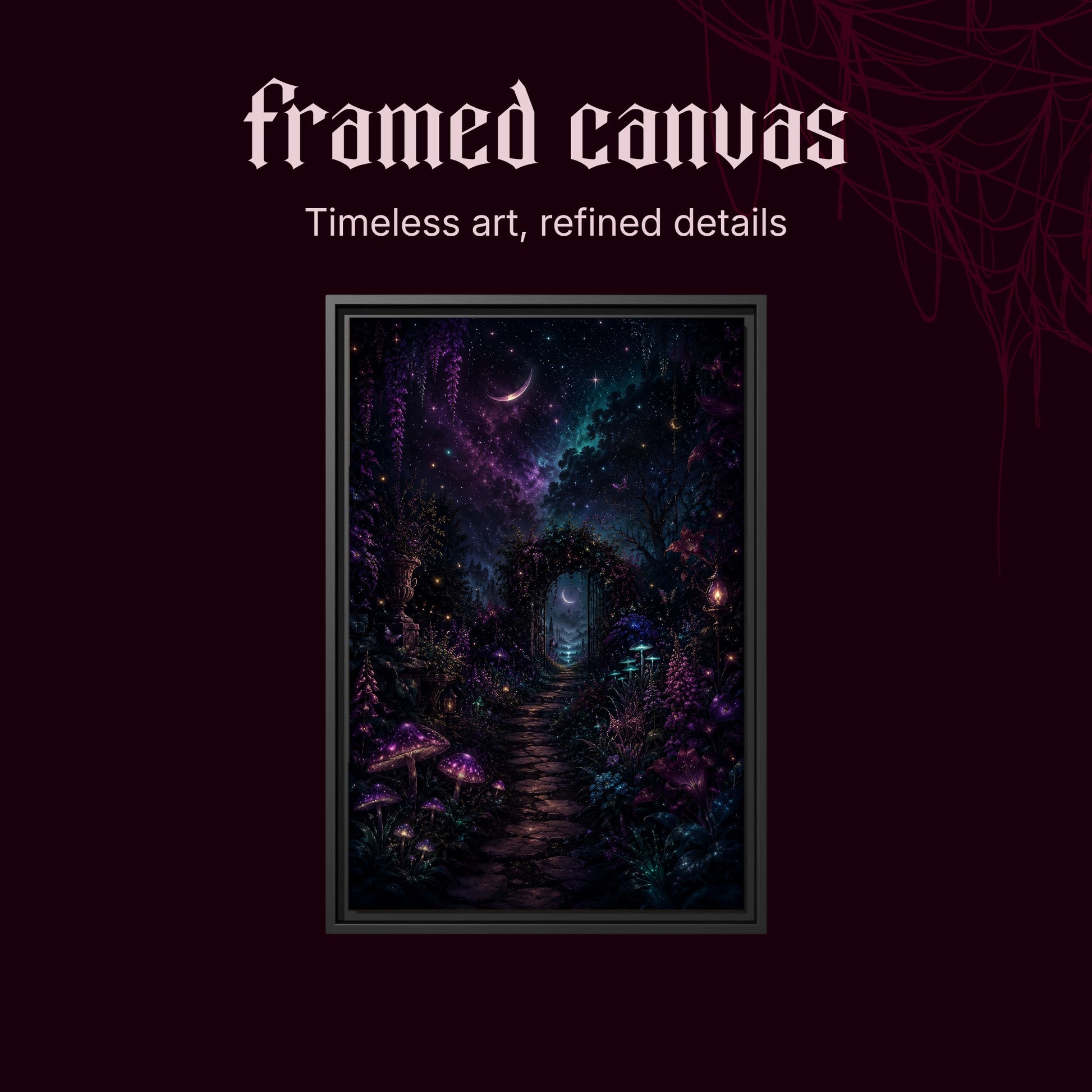 The Midnight Garden shown as a black framed canvas on a deep red background beneath the heading Framed Canvas — Timeless art, refined details.